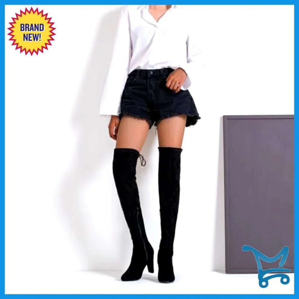 Suede Thigh High Boots 3.5 Inch Heel Side Zipper Adjustable Lace